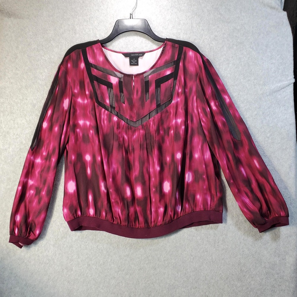 Calvin Klein Jeans Blouse Womens Large Sheer Abstract Long‎ Sleeve Top